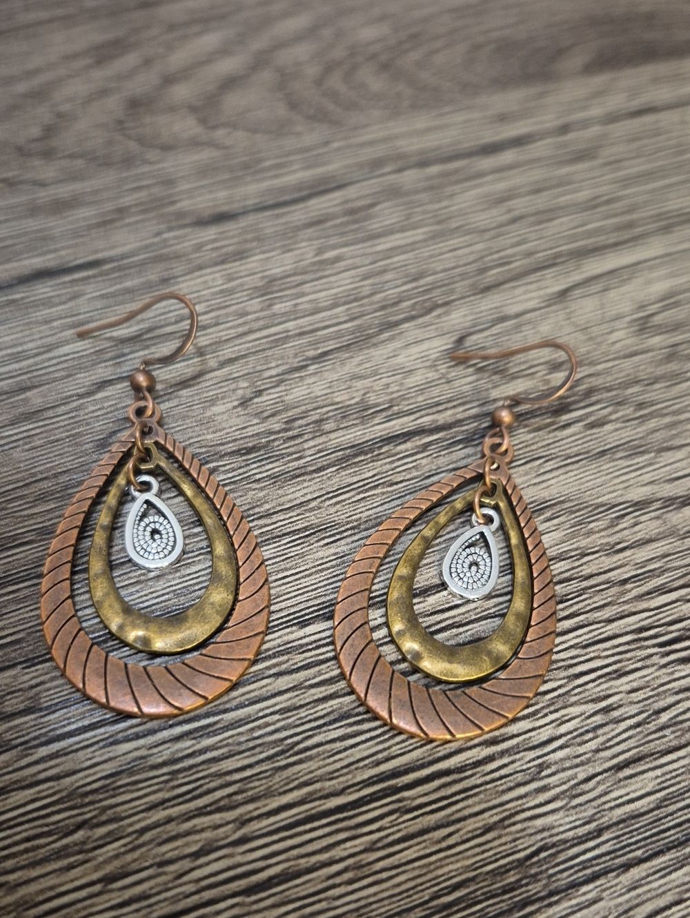 Copper and Brass Teardrop Dangle Earrings with Silver Accent